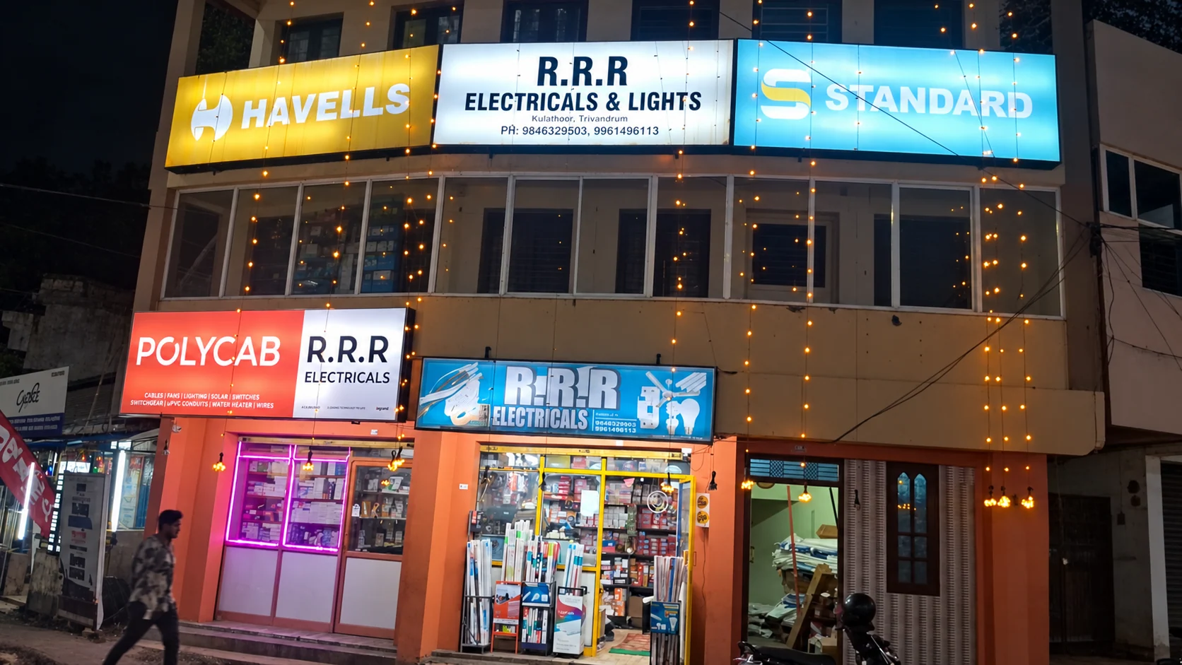 The supplied RRR Electricals and Lights night photograph, with enhanced colour and exposure